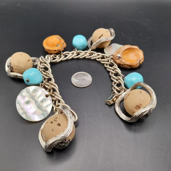Vintage Monet Signed Chunky Charm Bracelet 7 Charms Clown  Vintage Chunky 1960s Charm Bracelet, MOP, Lucite Berries Nuts Cork, 7 Inches